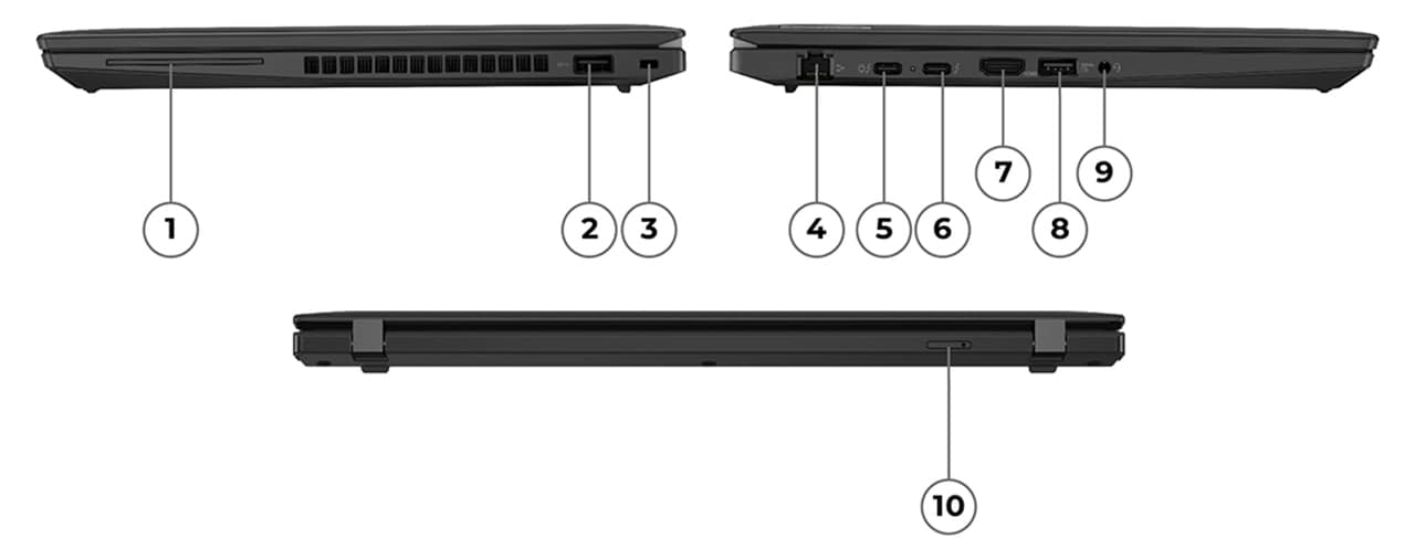 Các cổng phải, trái & sau trên laptop Lenovo ThinkPad T14 Gen 4, đánh số 1 – 10.