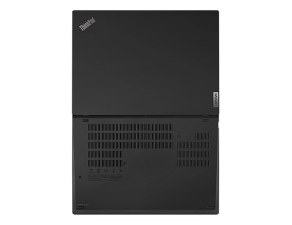Ảnh chụp từ trên cao của máy tính xách tay Lenovo ThinkPad T14 mở 180 độ cho thấy nắp dưới và nắp trên.